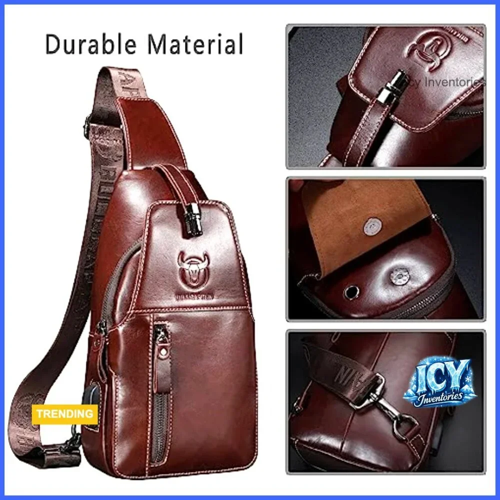 Genuine Leather Sling Bag Crossbody Backpack with USB Charging Port